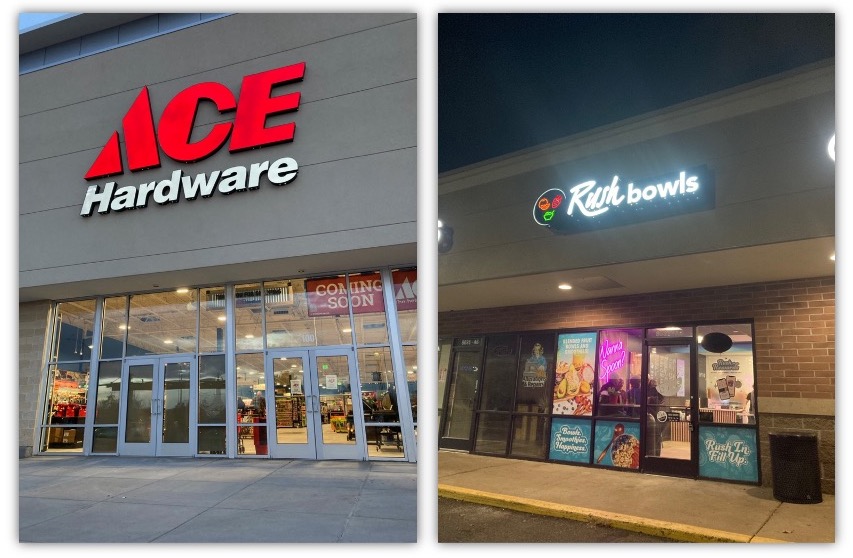Ace Hardware and Rush Bowls storefronts